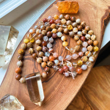 Load image into Gallery viewer, Leo Moon Mala Necklace  - 108 - Rutilated Quartz, Citrine, Petrified Wood, Picture Jasper, Mother of Pearl, Tigers Eye