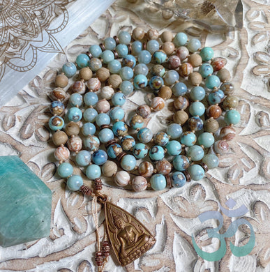 Rebirth -  108 Thai Buddha Mala Necklace - Robins Egg Agate, Desert Jasper, and Sandalwood
