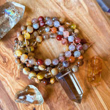 Load image into Gallery viewer, Leo Moon Mala Necklace  - 108 - Rutilated Quartz, Citrine, Petrified Wood, Picture Jasper, Mother of Pearl, Tigers Eye
