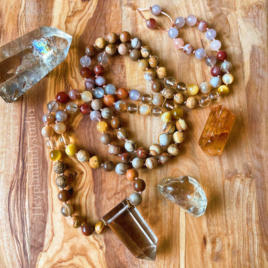 Leo Moon Mala Necklace  - 108 - Rutilated Quartz, Citrine, Petrified Wood, Picture Jasper, Mother of Pearl, Tigers Eye