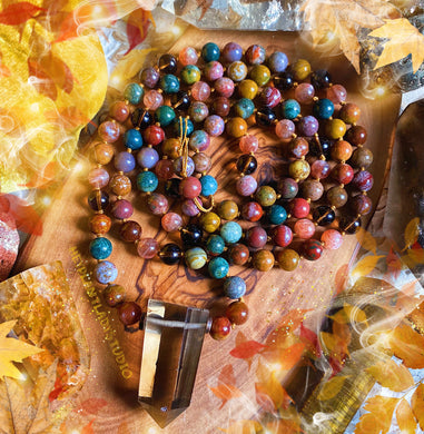 Earthsong - Ocean Jasper + AAA Sunstone + Smoky Quartz 108 Mala Necklace