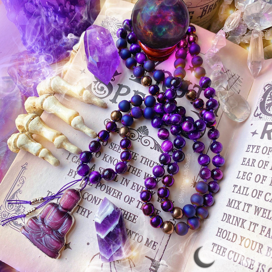 Grounded Mystic - 108 Mala Necklace - Purple Hematite + Purple Tigers Eye + Purple Druzy Agate