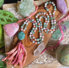 Load image into Gallery viewer, RESERVED - Restore 108 Bead Mala Necklace + Bracelet Set - Pink Botswana Agate + Peach Sari Tassel