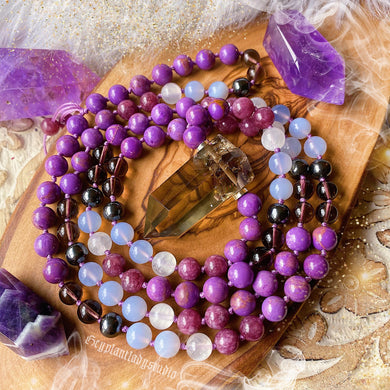 Stress Free - Phosphosiderite + Blue Chalcedony + Selenite 108 Mala Necklace