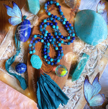 Load image into Gallery viewer, Blossoming Butterfly - 108 Mala Necklace - Lapis Lazuli + Aura Quartz + Teal Sari Tassel