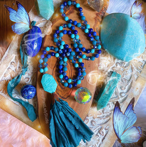 Blossoming Butterfly - 108 Mala Necklace - Lapis Lazuli + Aura Quartz + Teal Sari Tassel