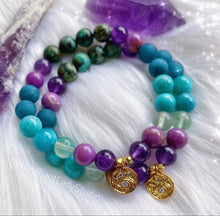 Load image into Gallery viewer, Calm Vibrations Mala Bracelet - 18K Gold Evil Eye Vermeil + Phosphosiderite + Amazonite + Fluorite + Amethyst