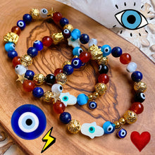 Load image into Gallery viewer, Vitality + Truth - Charmed  - Molten Mala Bracelet - 18k Gold + Evil Eye + Red Carnelian + Lapis Lazuli