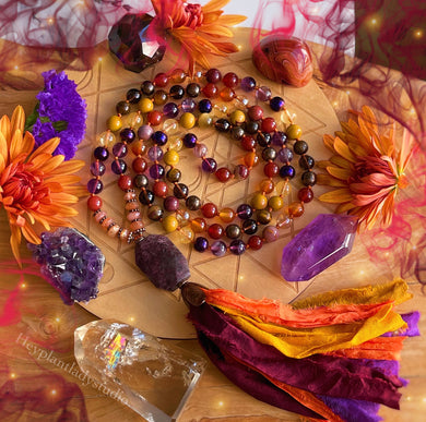 Harvest Moon - 108 Mala Necklace - Sunstone, Citrine, Hematite, Mookaite Jasper, Amethyst, Gold Aura Quartz, Smoky Quartz, Tigers Eye, AAA Natural Carnelian, Recycled Sari Silk