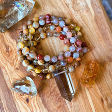Load image into Gallery viewer, Leo Moon Mala Necklace  - 108 - Rutilated Quartz, Citrine, Petrified Wood, Picture Jasper, Mother of Pearl, Tigers Eye