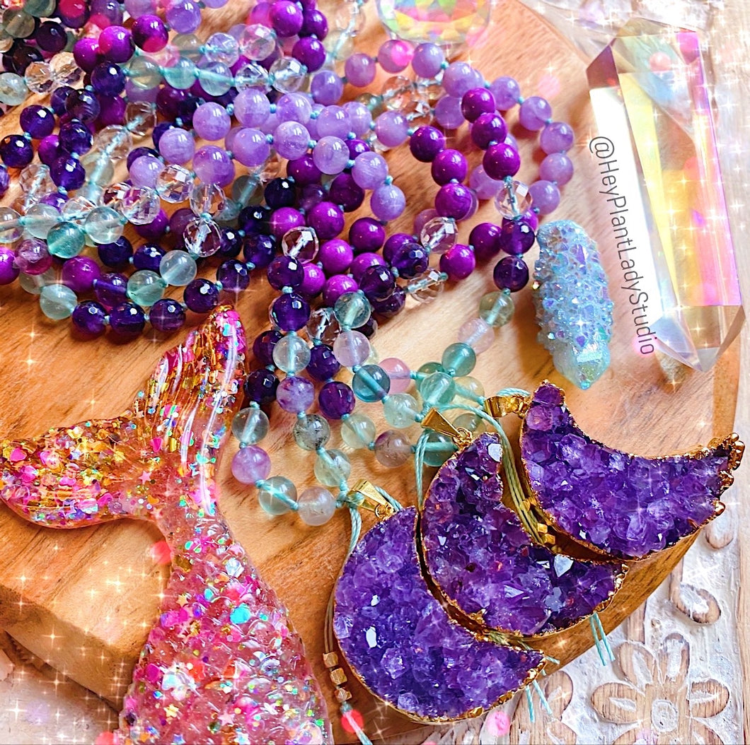The Mystic Mala Necklace - Rainbow Fluorite + Amethyst 108 Beads