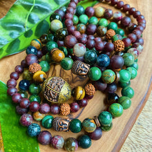 Load image into Gallery viewer, Sacred Seeds - Tibetan Capped Rudraksha + Tigers Eye + Watermelon Tourmaline + Garnet + Dzi Agate