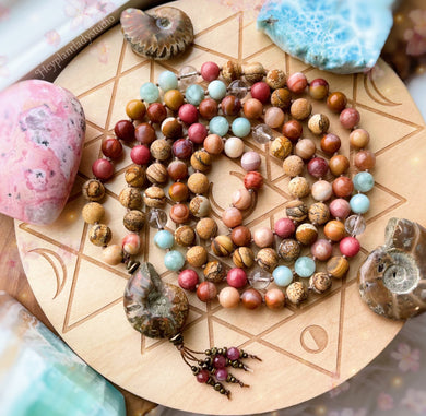 Sun-Drenched - 108 - Mala Necklace - Fossil Agate, Green Angelite, Ammonite, Amazonite, Picture Jasper, Rhodonite, Clear Quartz, Pink Tourmaline