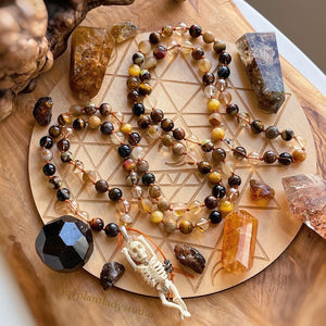 Glowing Embers Mala Necklace - 108 Fire Quartz + Gold Aura Quartz + Tigers Eye + Bronzite Olivin +Hand Carved Buffalo Bone Skeleton