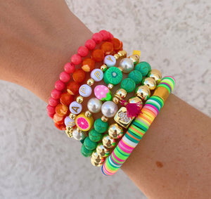 Fruit Shack - Polymer Clay Fruit + Rainbow Frosted Glass + Gold Hematite - Stretch Bracelet