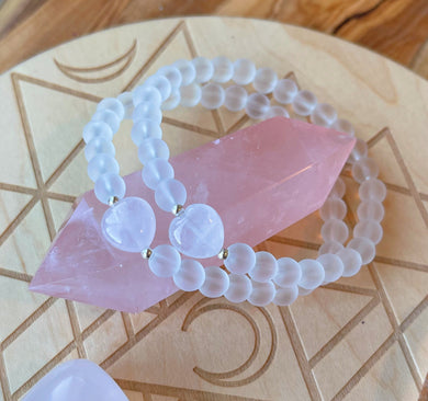 Compassion - 6mm Matte Quartz + Puffy Rose Quartz Heart + Sterling Silver - Stretch Bracelet