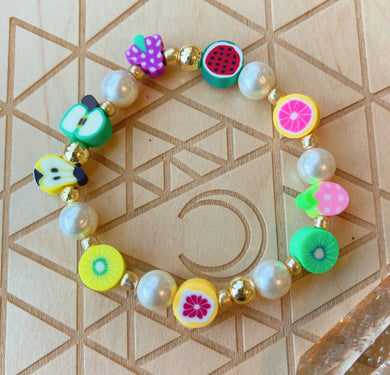 Fruit Snacks - Polymer Clay Fruit + Pearl + Gold Hematite - Stretch Bracelet