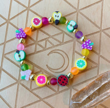 Load image into Gallery viewer, Fruit Shack - Polymer Clay Fruit + Rainbow Frosted Glass + Gold Hematite - Stretch Bracelet