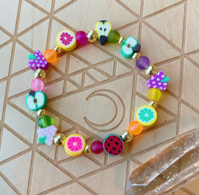 Fruit Shack - Polymer Clay Fruit + Rainbow Frosted Glass + Gold Hematite - Stretch Bracelet