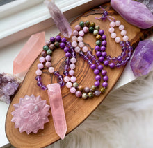 Load image into Gallery viewer, 108 Mala Necklace - Ocean Jasper, Rose Quartz, Kunzite, Phosphosiderite, and Amethyst