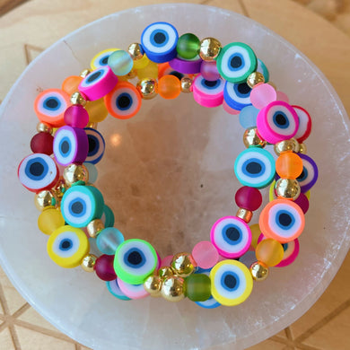 Eye feel Happy- Polymer Clay Evil Eye + Gold Plated Hematite - Stretch Bracelet