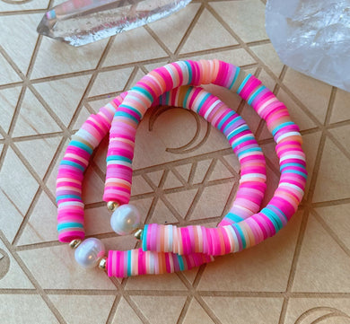 Beach Ball  - Neon Polymer Clay Heishi + Freshwater Pearl - Stretch Bracelet