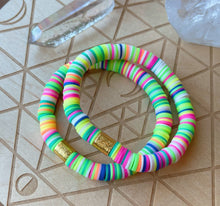 Load image into Gallery viewer, Sea Breeze  - Neon Polymer Clay Heishi + Gold Plated Accent - Stretch Bracelet