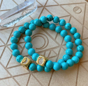 Lucky Charms - Turquoise + 18K Gold Plated Lucky Symbols Charm- Stretch Bracelet
