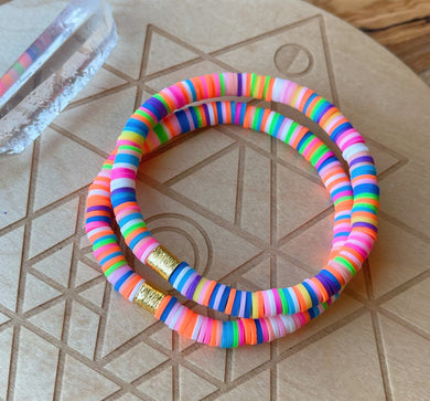 Sunset Cruise - Neon Polymer Clay Heishi + Gold Plated Accent - Stretch Bracelet