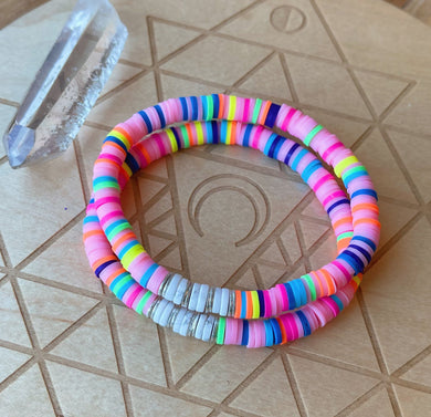 Tropical Paradise - Neon Polymer Clay Heishi + Howlite Heishi + Silver Plated Heishi - Stretch Bracelet