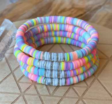 Cotton Candy - Pastel Polymer Clay Heishi + Howlite Heishi + Silver Plated Heishi - Stretch Bracelet