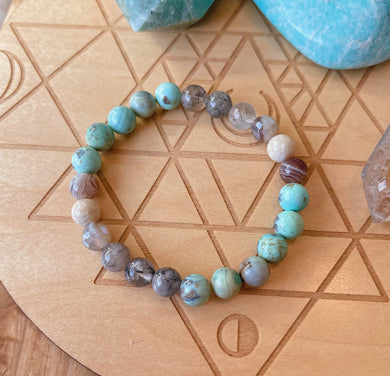 Bird Watching - 8mm Robins Egg Agate, Tourmalinated Quartz, Botswana Agate, Riverstone, Mystic Mocha Agate - Stretch Bracelet