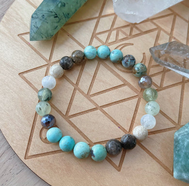 Songbird - 8mm Robins Egg Agate, Prehnite, Rainbow Moonstone, Riverstone Fossil Coral, Mystic Mocha Agate - Stretch Bracelet