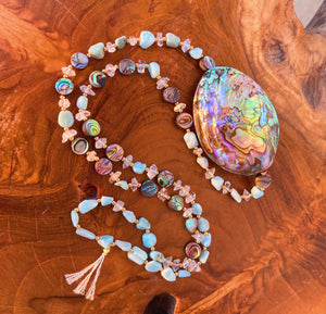 Buried Treasure - 26" Necklace - Abalone Shell + Herkimer Diamonds + Larimar