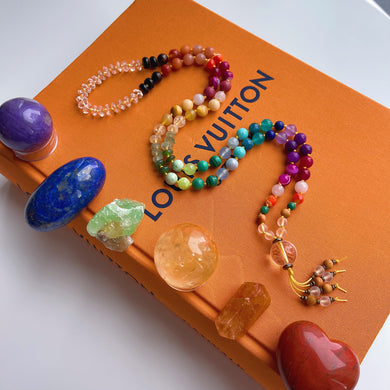 Return of the Sun - Rainbow Gemstone 108 Mala Bead Necklace - Clear Quartz Guru - Beaded Tassel (32