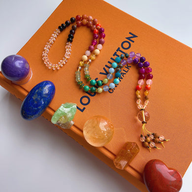 Return of the Sun - Rainbow Gemstone 108 Mala Bead Necklace - Clear Quartz Guru - Beaded Tassel (32