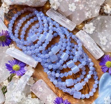 Higher Realms - Natural AA Blue Chalcedony + AAA Blue Chalcedony Barrels Bracelet
