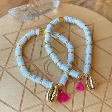 Shell Shack - Howlite Heishi + Tassel + Gold Dipped Cowrie - Stretch Bracelet