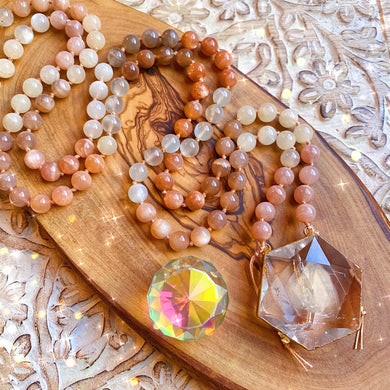 Amplified Intuition Mala Necklace - Mixed Moonstone + Clear Quartz - 108 Mala