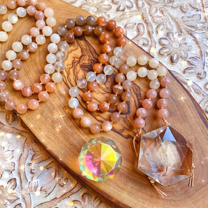 Reserved - Gold Hexagon - Amplified Intuition Mala Necklace - Mixed Moonstone + Clear Quartz - 108 Mala