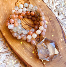 Load image into Gallery viewer, Reserved - Gold Hexagon - Amplified Intuition Mala Necklace - Mixed Moonstone + Clear Quartz - 108 Mala