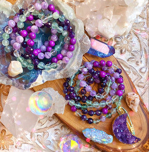 The Mystic Mala Necklace - Rainbow Fluorite + Amethyst 108 Beads