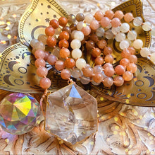 Load image into Gallery viewer, Reserved - Gold Hexagon - Amplified Intuition Mala Necklace - Mixed Moonstone + Clear Quartz - 108 Mala