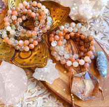 Load image into Gallery viewer, Reserved - Gold Hexagon - Amplified Intuition Mala Necklace - Mixed Moonstone + Clear Quartz - 108 Mala