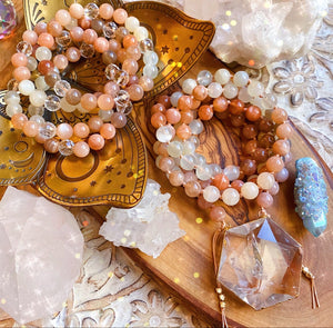 Reserved - Gold Hexagon - Amplified Intuition Mala Necklace - Mixed Moonstone + Clear Quartz - 108 Mala