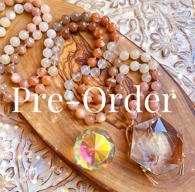 Reserved - Gold Hexagon - Amplified Intuition Mala Necklace - Mixed Moonstone + Clear Quartz - 108 Mala