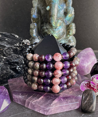 RESERVED - Shadow Work Bracelet - Black Moonstone + Garnet + Kunzite + Amethyst + Onyx + Pink Tourmaline