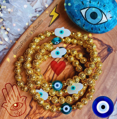 Double Charmed - Molten 6mm Lava Bead Mala Bracelet - Evil Eye + Freshwater Shell Hamsa