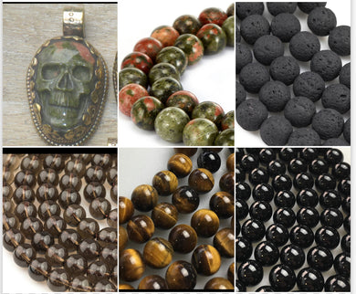 Reserved - Pre-Order - Unakite Skull Mala, Lava Beads, Onyx, Smoky Quartz, Tigers Eye, Unakite