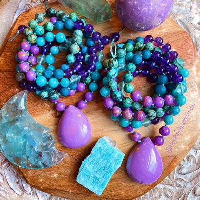 Calm Vibrations Mala Necklace - Phosphosiderite + Amazonite + Fluorite + Amethyst